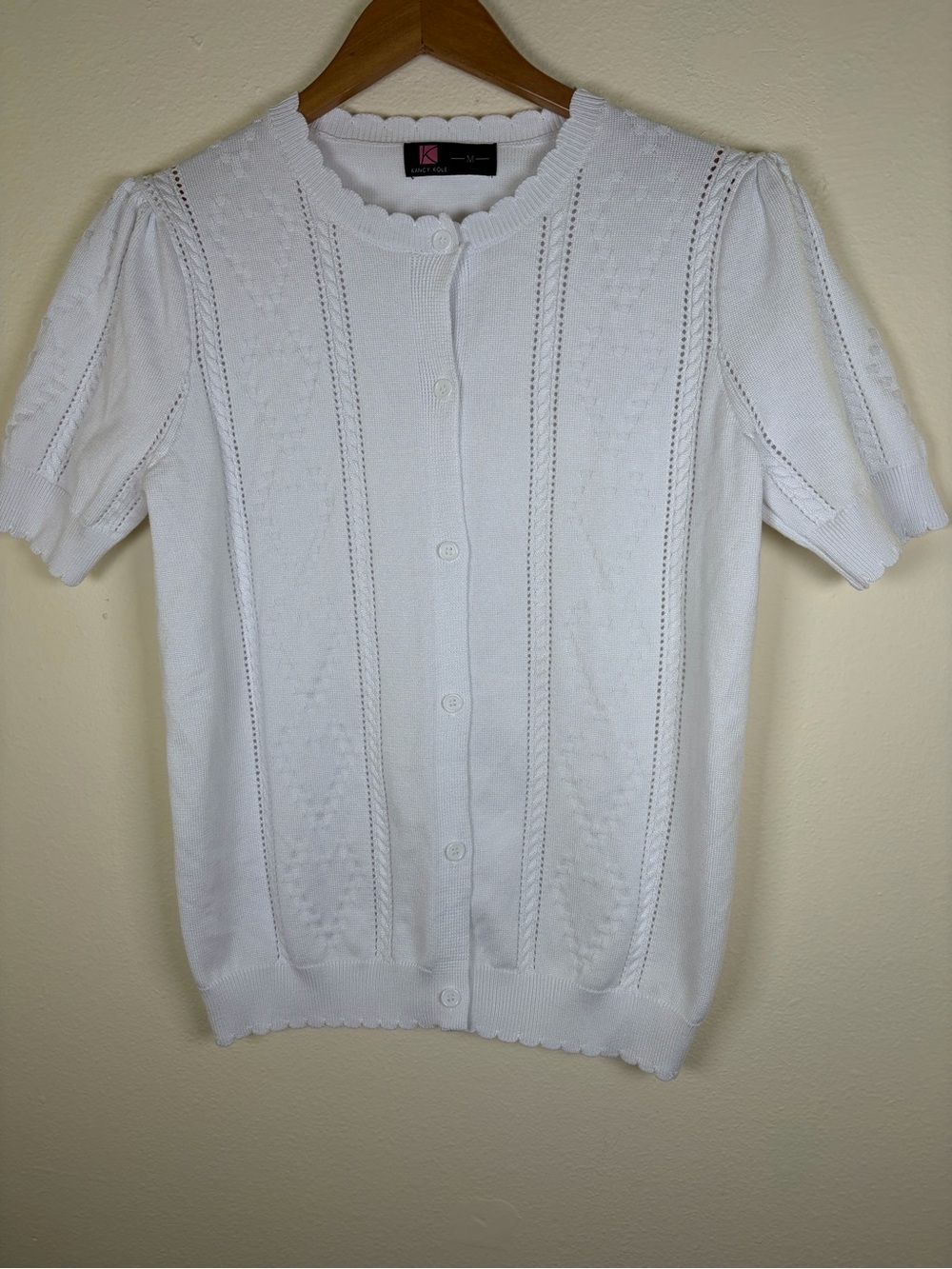 Kancy Kole White Pointelle Knit Button Front Cardigan Size Medium